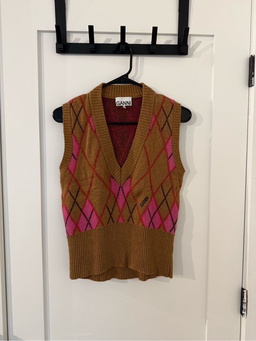 Ganni Brown and Pink Argyle V-Neck Sweater Vest